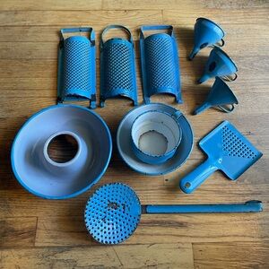 Vintage Danish Blue Enamelware Kitchen Utensil Set